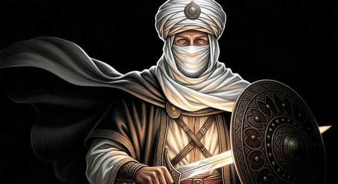 Middle Eastern desert warrior wearing white turban and headscarf holding sword and shield with dark dramatic cinematic lighting