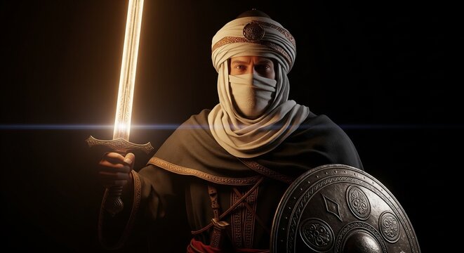 Ancient desert warrior holding a glowing golden sword with mysterious face wrap in dramatic low key lighting