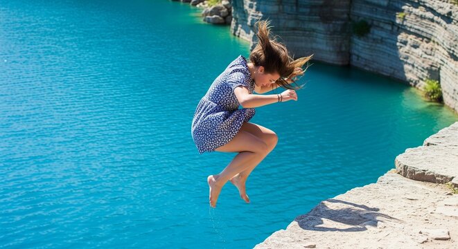 Young woman jumping into vibrant turquoise water from rocky cliff edge during bright sunny summer day outdoors