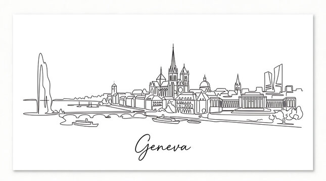 Minimalist Line Art Illustration of Geneva's Iconic Cityscape Featuring Lake and Historic Structures for Elegant Wall Decor