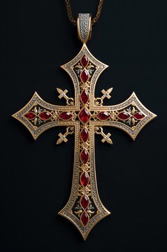 Luxury jeweled cross symbol with gold silver metal and ruby gemstone details