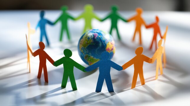 Diverse paper cutout figures holding hands in a circle around a miniature globe symbolizing global unity and teamwork under soft natural lighting
