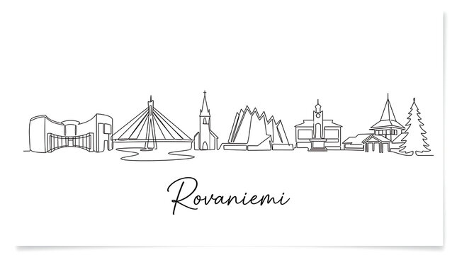 Minimalist line art illustration showcasing iconic landmarks of Rovaniemi with elegant cityscape outline