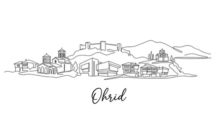 Fototapeta premium Minimalist line art representation of historic Ohrid townscape with hilltop fortress and architecture showcasing cultural heritage