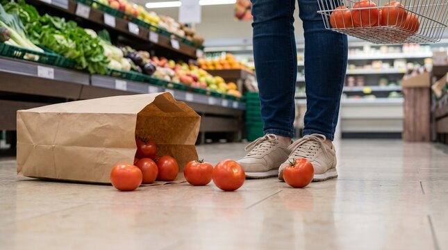 Bodenperspektive auf die Beine eines Kunden im Supermarkt, der eine Papiert&uuml;te mit frischen Tomaten auf den Boden fallen gelassen hat. Konzept f&uuml;r Einkaufsunfall, Tollpatschigkeit und Missgeschick.