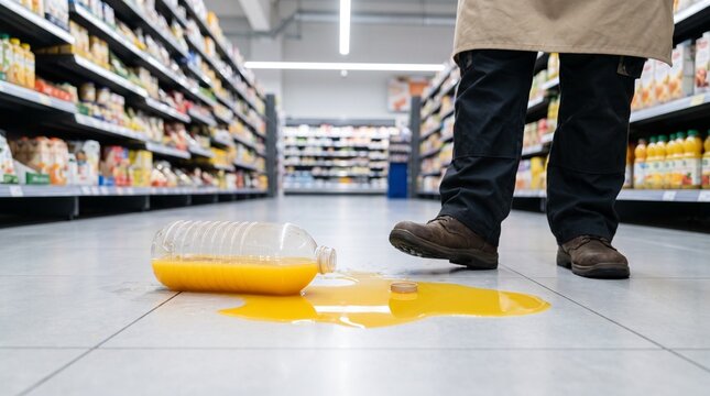 Missgeschick im Supermarkt: Ein Mitarbeiter steht vor einer fallengelassenen, ausgelaufenen Flasche Orangensaft. Konzept f&uuml;r Sachschaden, Arbeitsunfall, Reinigung und Haftung im Einzelhandel