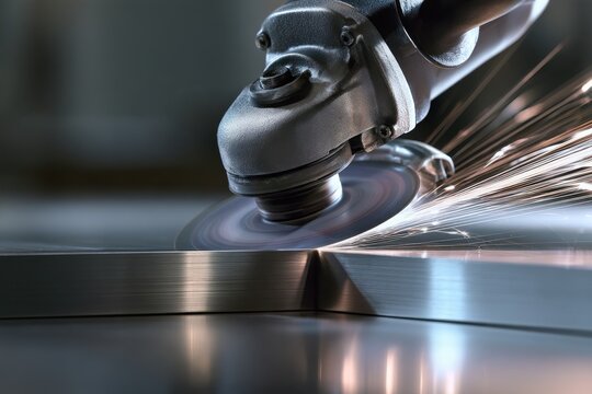 High-speed grinding tool working on metal surface producing bright sparks during precise industrial metalwork process