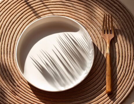 full hd shot of a white plate with a raised rim on a woven placemat carved wooden fork rests nearby subtle shadow still life white plate