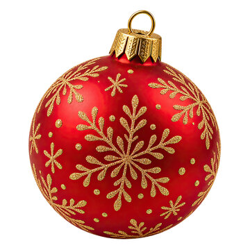 Red Christmas ball with gold snowflakes on transparent background