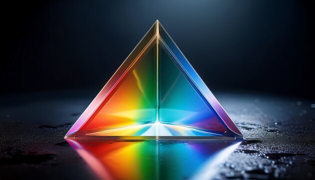triangular prism refracting white light into a rainbow spectrum on a wet reflective surface