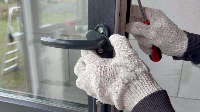 A worker adjusts the handle of a modern window or balcony door using a screwdriver.