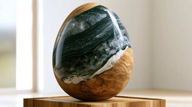 Polished decorative egg-shaped sculpture combining natural wood grain and dark crystal-like mineral formations displayed on a wooden platform in soft natural li