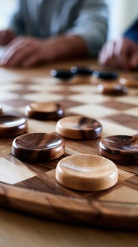Wooden checkers game pieces arranged on a polished board as two blurred players prepare for the next strategic move in a cozy indoor setting