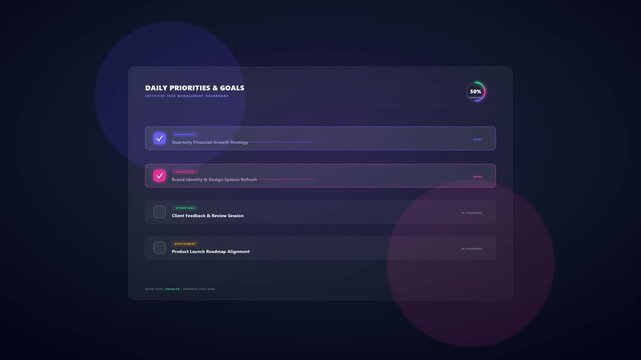 Futuristic Digital Dashboard Displaying Daily Priorities and Goals with Progress Bars and Checkmarks for Corporate Project Management and Productivity Tracking in a Modern Dark Glassmorphism Style