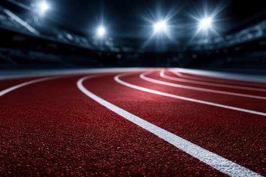 Curved running track lanes illuminated by bright stadium lights during a nighttime athletic event in a large sports arena