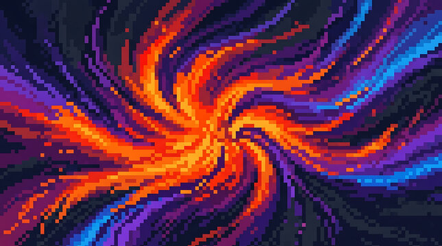 Abstract pixel art swirl with vibrant orange and purple colors