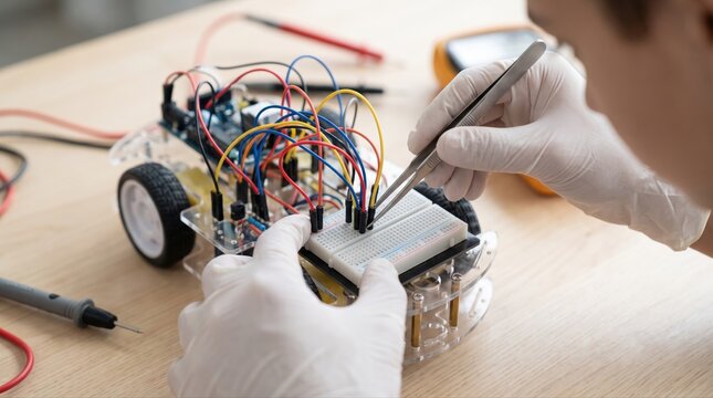 Hands wiring a small wheeled robot on a breadboard at a worktable, highlighting robotics education and electronics prototyping.