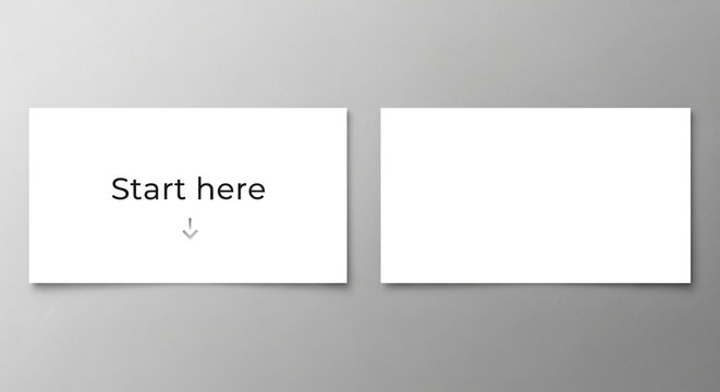Minimalist presentation slide with 'Start here' arrow placeholder for business pitches, workshops, or creative briefs
