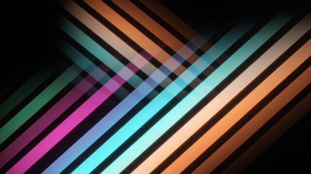 Glowing neon light stripes moving diagonally across dark background creating abstract motion video effect clip