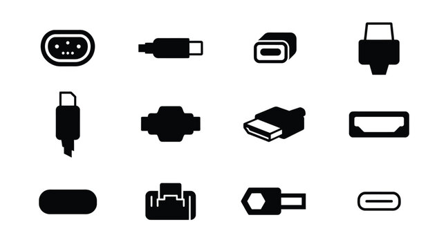 Collection of various types of computer and electronic device connectors icons