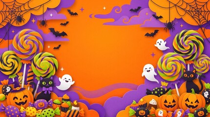 Obraz premium Cute Halloween Candy Background with Pumpkins, Lollipops, Ghosts and Black Cats