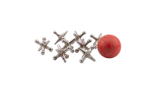 Vintage metal jacks game set with red rubber bounce ball, classic childhood game pieces, traditional metal jacks pieces isolated PNG with Transparent Background
