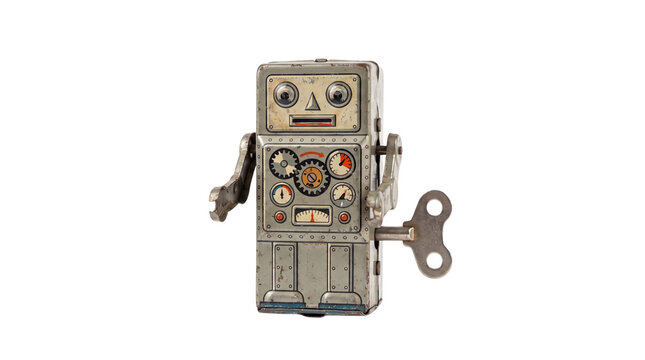 Vintage tin robot toy, classic wind-up mechanical metal robot figurine, retro silver tinplate collectible, nostalgic antique plaything for hobbyists isolated PNG with Transparent Background