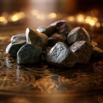 Ancient carved stones with mystical runes resting on an ornate golden patterned surface illuminated by warm glowing light in a magical setting
