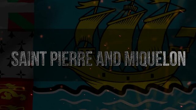 National flag of saint pierre and miquelon with golden ship symbol and text overlay
