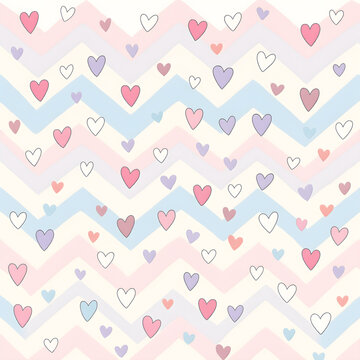 Pastel Pink Blue Chevron Hearts Seamless Geometric Pattern