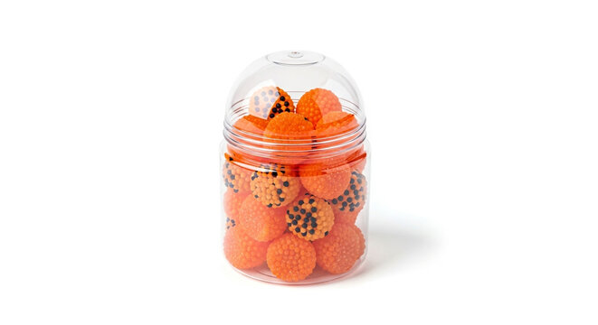 Creative glass jar filled with vibrant orange pom-poms or craft balls for branding, packaging, or design inspiration
