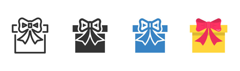 Obraz premium Gift box different style icons set. Package of surprises. An unexpected collection of gift boxes. Line, glyph and filled outline colorful version, outline and filled vector sign. Vector illustration.