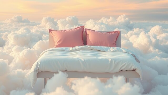 A bed with pink pillows rests on fluffy clouds under a pastel sky. The scene evokes a dreamlike atmosphere, suggesting comfort and tranquility.