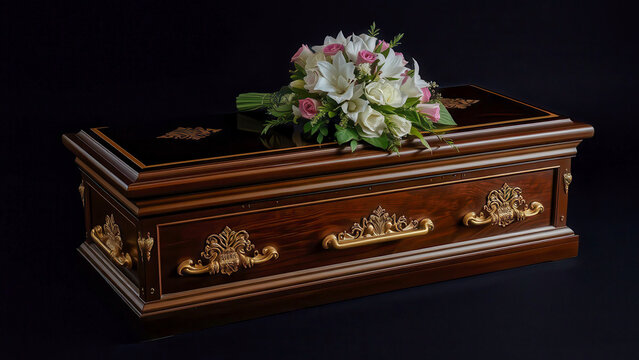 A coffin with flowers against a dark stage symbolizes farewell and tranquility. Classic style with elements of luxury. Used in materials about mourning and ritual culture.