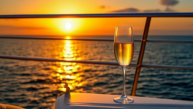 A glass of wine against the backdrop of the sea and sunset from the side of a yacht. Warm light and reflections create an atmosphere of luxury and tranquility.