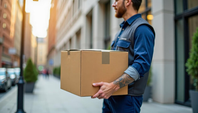 A uniformed courier carries a cardboard box on the street. The scene emphasizes the delivery process and the work of the service. Suitable for logistics and e-commerce themes.