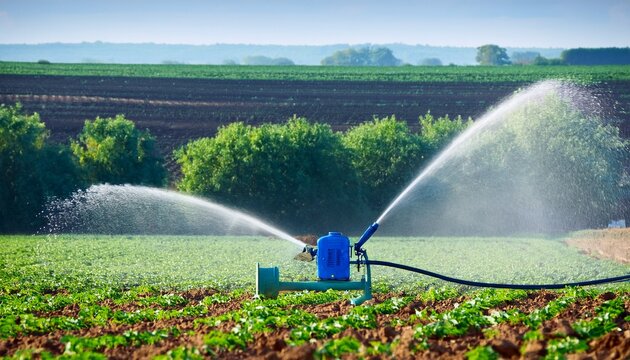 blue water pump irrigating furrow in green agricultural field pump water irrigation field agriculture farming hose blue