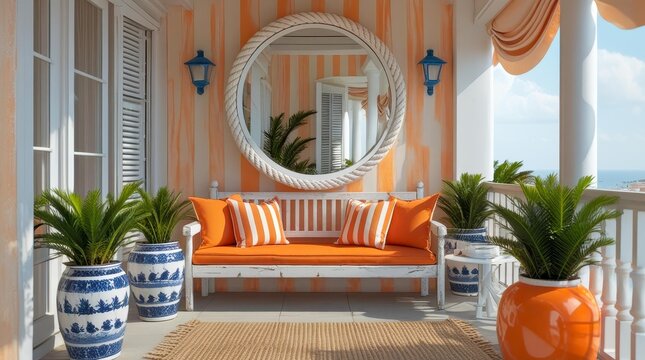 A bright balcony with orange and white striped walls. A white bench with orange cushions sits in front of a large round mirror. Potted plants add greenery.