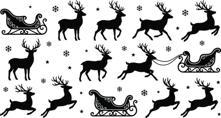 Obraz premium Christmas Reindeer And Santa Sleigh Silhouette Collection With Snowflakes