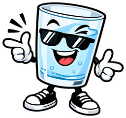 Obraz premium Cool Cartoon Water Glass Character with Sunglasses Giving Thumbs Up