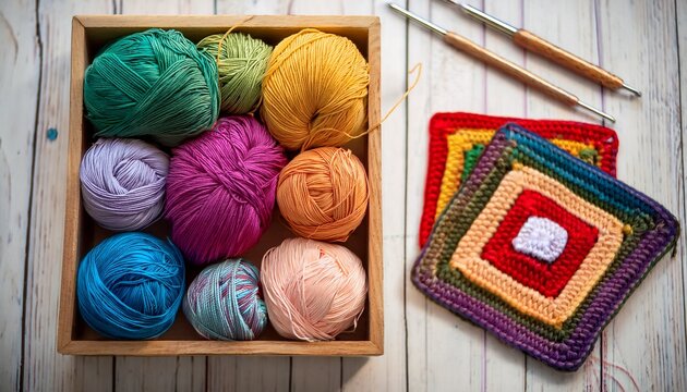 colorful wool in wooden box with crochet hook and granny square