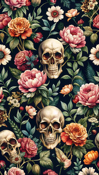 Seamless pattern featuring realistic human skulls intertwined with colorful blooming peonies, daisies, and lush green leaves isolated on a transparent background