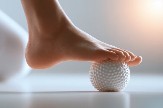 Person using a textured massage ball with their foot to relieve tension and improve foot muscle flexibility on a smooth surface with soft lighting