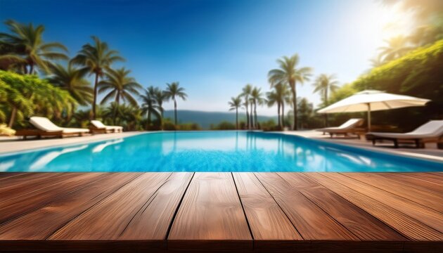 empty table top and blurred swimming pool in tropical resort in summer for display or montage your products
