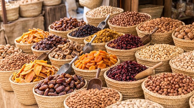 Baskets of nuts and dried fruit displayed at a market stall. Assorted bulk foods for sale. Healthy snacks and plant based nutrition. Food shopping, pantry ingredients and cooking.