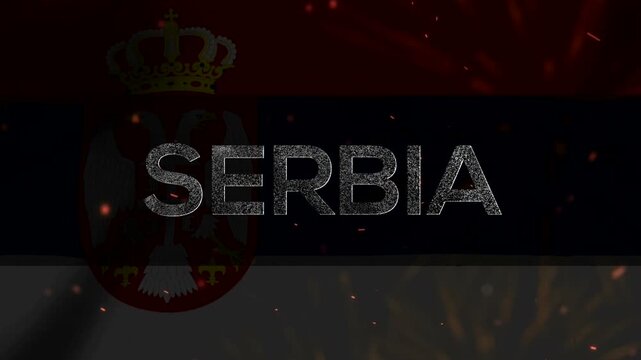 The word serbia written in front of the waving serbian national flag with glowing particles