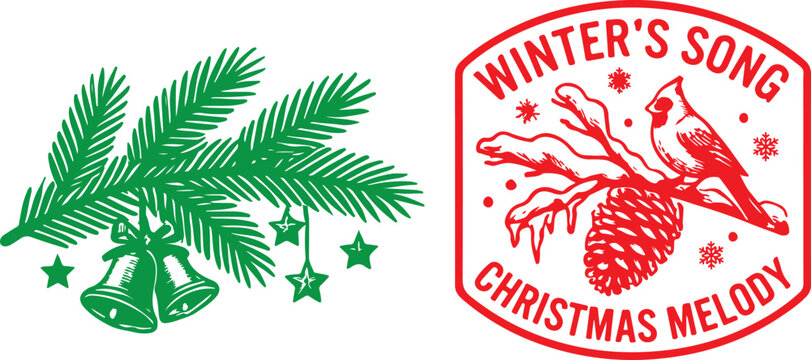 Christmas vector badges featuring pine branch and winter bird