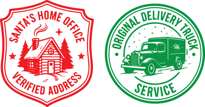 Christmas vector badges of Santa office and delivery 