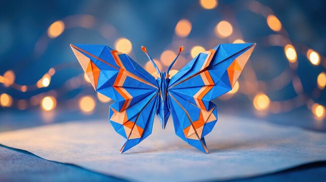 Colorful origami butterfly with blue and orange paper on bokeh background