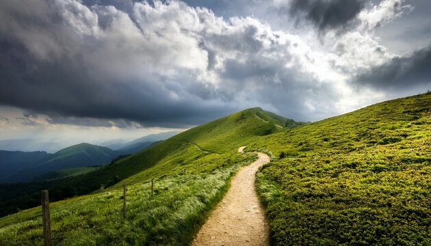 mountain trail winding up a green hill under dramatic cloudy sky